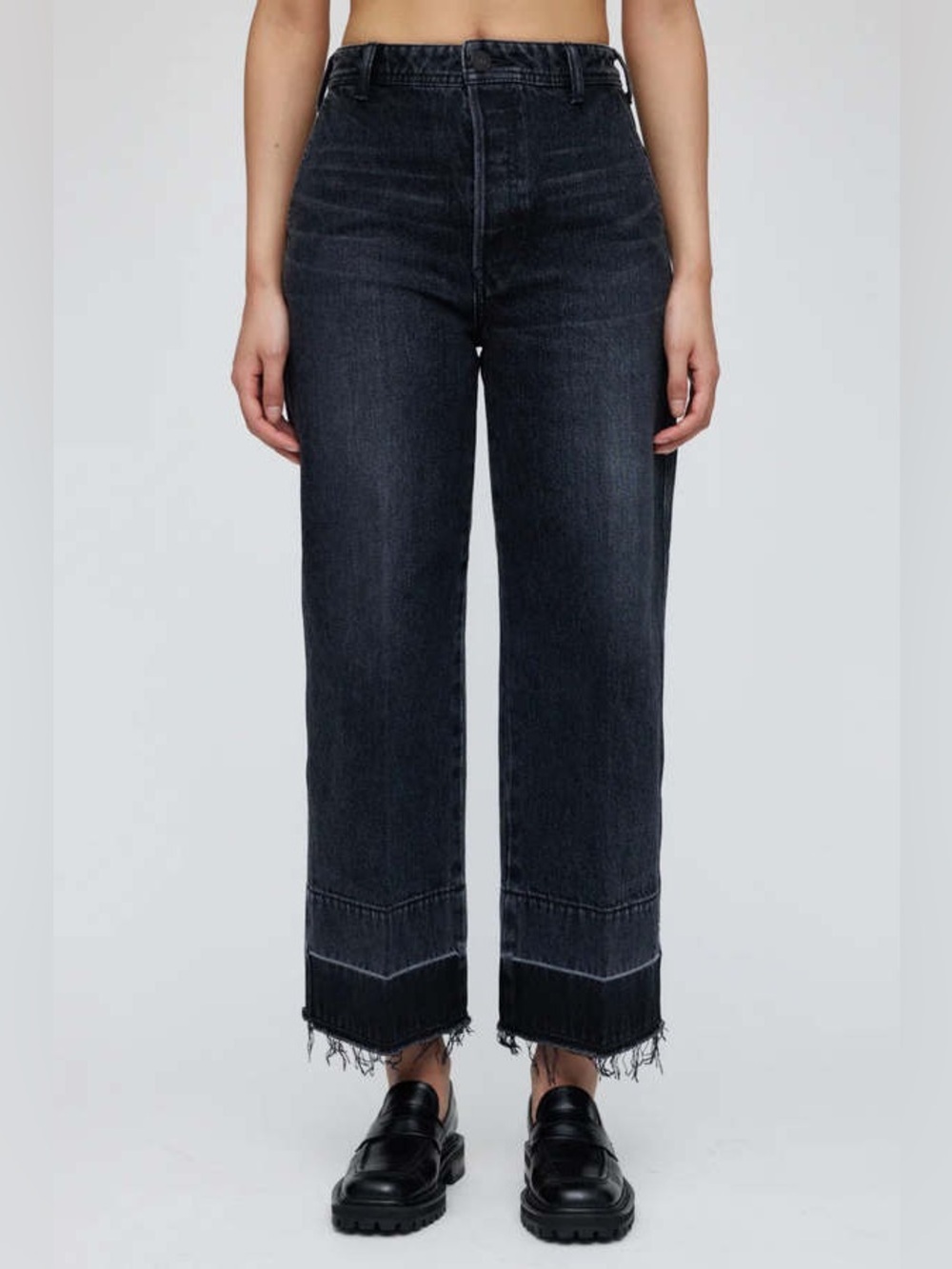 Moussy Vintage Elba Wide Leg Crop Jeans 27 Black Dark Denim Raw Hem Minimalist - Picture 1 of 10